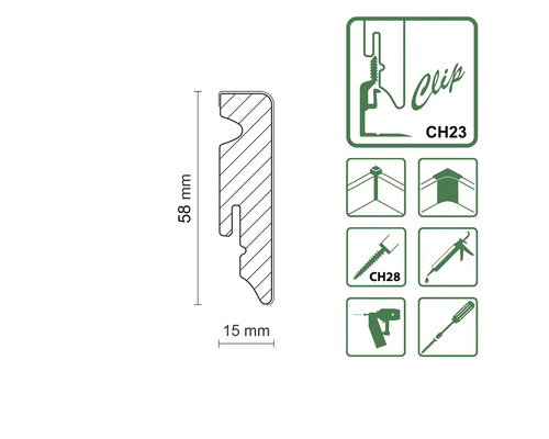 Dimensions et instructions de montage d''une moulure décorative de 58 millimètres de haut et 15 millimètres de large