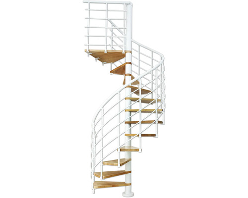 Escalier en colimaçon avec marches en bois et garde-corps en métal blanc