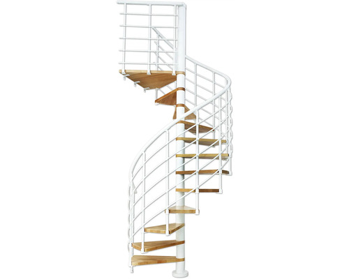 Escalier en colimaçon avec garde-corps en métal et marches en bois