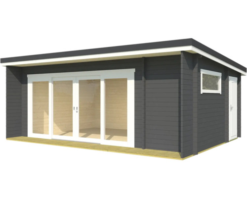 Abri de jardin moderne avec grandes portes vitrées, fenêtre et porte latérale