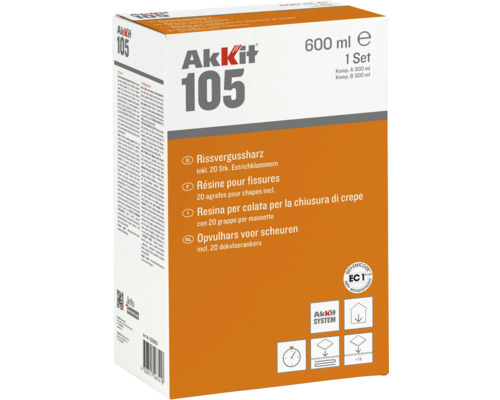 Résine pour fissures Akkit 105 bicomposant avec 20 agrafes pour chape 600 ml