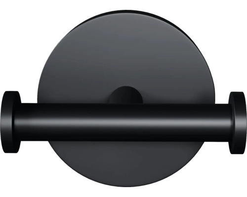 Schwarzer Toilettenpapierhalter mit runder Wandhalterung.