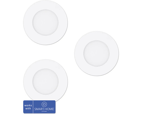 LED Smart Light Einbauspot-Set dimmbar IP44 2,8W 360 lm CCT- einstellbare weisstöne zigbee Bluetooth Ø 85/75 mm weiss 230V 3 Stück - Kompatibel mit SMART HOME by hornbach Drei runde, weisse LED Einbaustrahler mit Smart Home Logo.