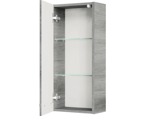 Geöffneter grauer Spiegelschrank mit zwei Glasböden