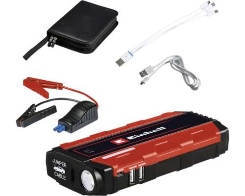 Einhell Logo Powerbank mit Starthilfefunktion, USB-Kabel, Ladekabel-Satz, Starthilfekabel und Aufbewahrungstasche