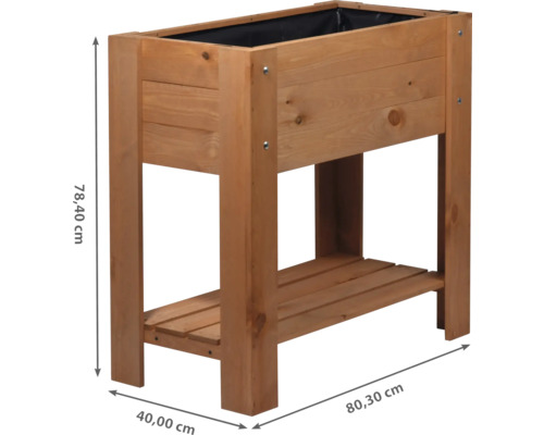 Jardinière sur pieds en bois avec étagère et dimensions