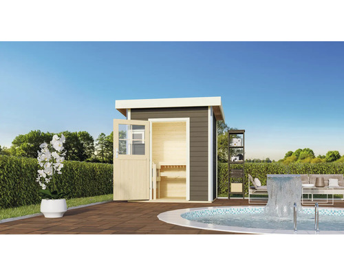 Chalet sauna Karibu Opal 1 sans poêle avec porte en bois et verre à isolation thermique gris terre cuite/blanc