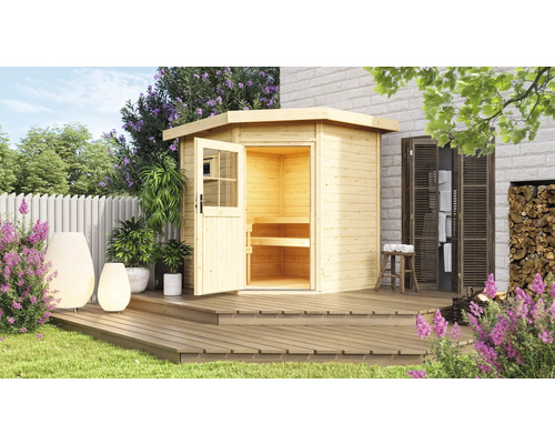 Chalet sauna Karibu Rabin 1 sans poêle avec porte en bois et verre à isolation thermique