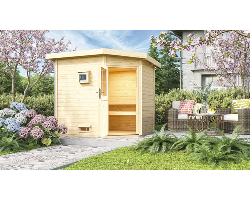 Chalet sauna Karibu Rubin 2 sans poêle avec porte en bois et verre isolé thermiquement