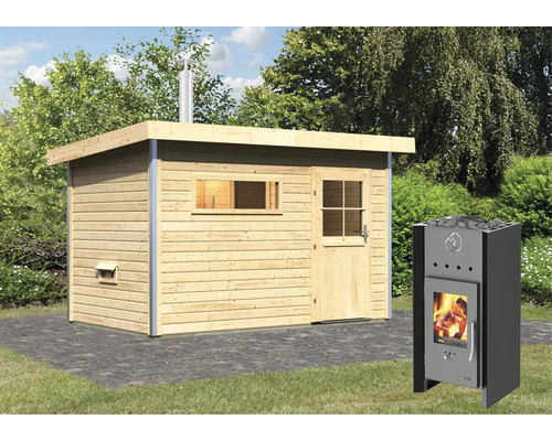 Chalet sauna Topas 1 avec poêle de sauna et vestibule avec porte entièrement vitrée couleur bronze