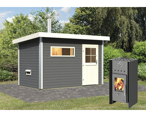 Chalet sauna Topas 1 avec poêle de sauna et vestibule avec porte entièrement vitrée couleur bronze gris terre/blanc
