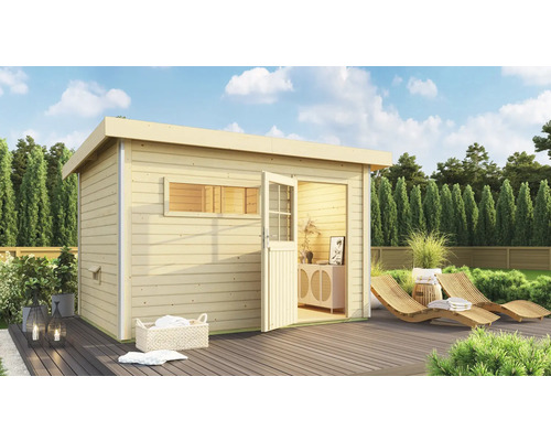 Chalet sauna Topas 3 avec poêle bio 9kW et commande externe avec vestibule et porte entièrement vitrée couleur bronze