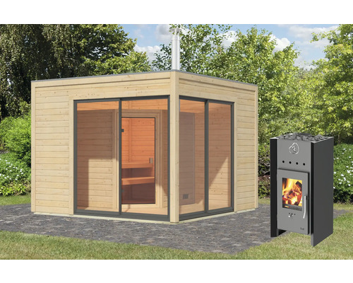 Chalet sauna Karibu Termingo 3 A avec poêle à bois avec vestibule et porte en bois avec verre isolé thermiquement