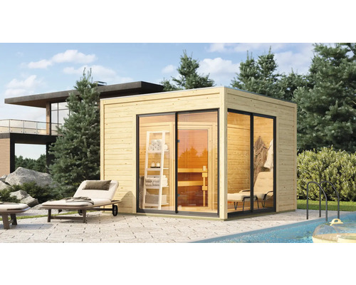 Chalet sauna Karibu Termingo 3 A avec poêle bio 9kW et commande externe avec vestibule et porte en bois avec verre isolé thermiquement