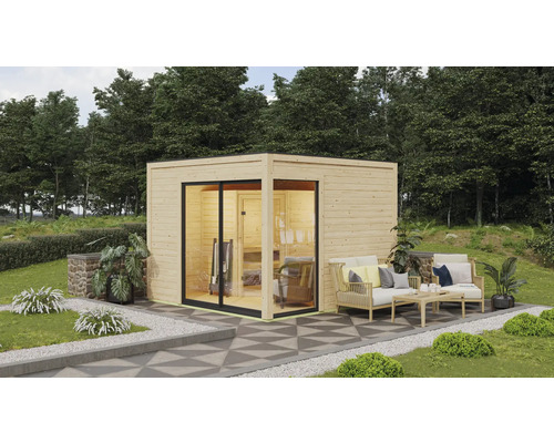 Chalet sauna Karibu Termingo 1 B sans poêle avec vestibule et porte en bois avec verre isolé thermiquement