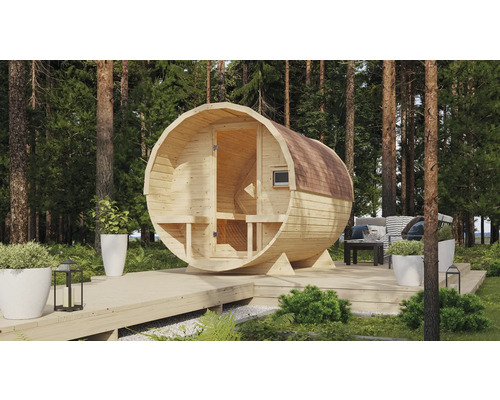 Sauna baril Karibu Rondi 2 avec poêle 9 kW et commande externe avec porte en bois et verre à isolation thermique