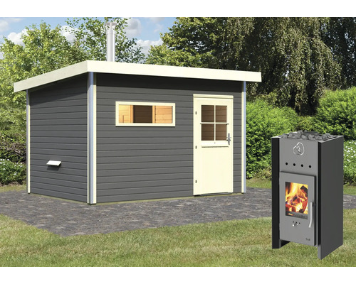 Chalet sauna Topas 2 avec poêle de sauna et vestibule avec porte entièrement vitrée couleur bronze gris terre/blanc