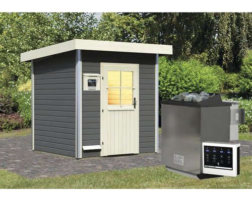 Chalet sauna Karibu Opal 2 avec poêle bio 9 kW, commande externe et porte en bois avec verre à isolation thermique gris terre/blanc