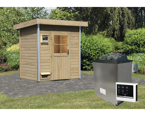 Chalet sauna Karibu Opal 1 avec poêle 9 kW, commande externe et porte en bois avec verre à isolation thermique