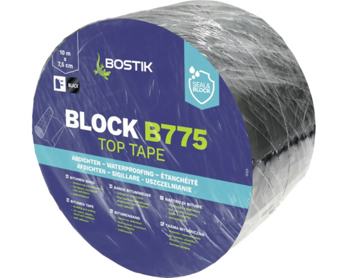 Bande bitumineuse Bostik Block B775 noir 10 m x 7,5 cm Rouleau de ruban bitumé noir Bostik Block B775 Top Tape, 10 m x 7,5 cm