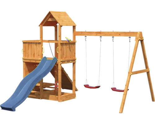 Tour de jeu en bois avec toboggan et balançoire