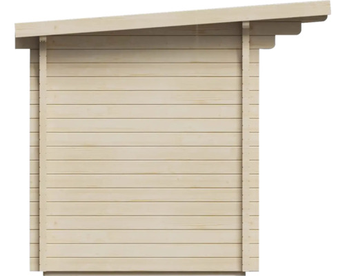 Vue latérale d''un abri de jardin en bois avec toit à deux pentes