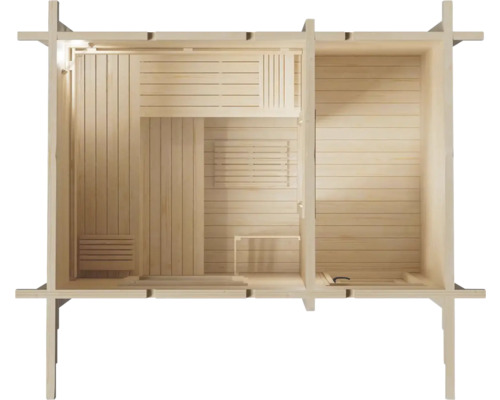 Vue de dessus d''un sauna de jardin en bois avec des bancs