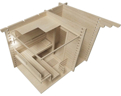 Intérieur d''un sauna de jardin avec des bancs en bois et des lambris en bois.