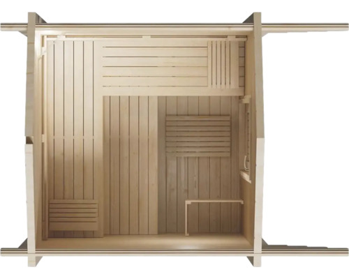 Vue intérieure d''un sauna en bois avec bancs