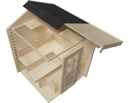 Vue intérieure d''un sauna en bois massif avec porte