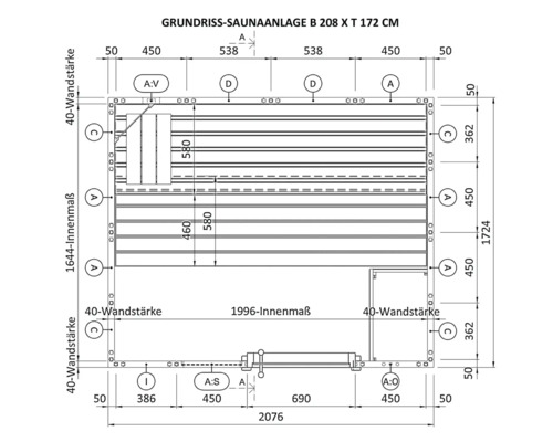 Grundriss einer Saunaanlage mit den Maßen Breite 208 cm und Tiefe 172 cm