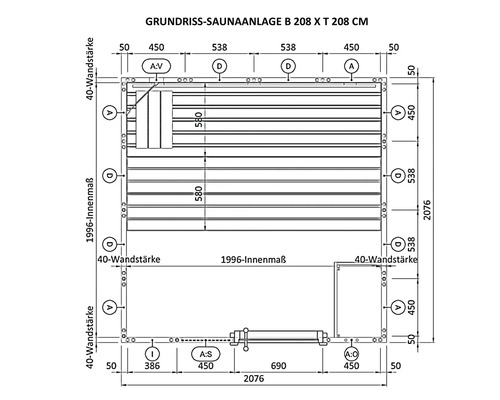 Grundriss einer Saunaanlage mit den Massen Breite 208 Zentimeter mal Tiefe 208 Zentimeter.