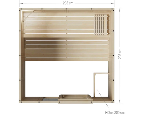 Draufsicht einer Sauna mit den Maßen 208 cm x 208 cm und einer Höhe von 200 cm.