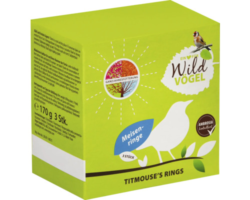 Wildvogelfutter Ein Herz für Wildvögel Meisenringe 3er Pack auch zur Ganzjahresvogelfütterung, Ambrosia kontrolliert Packung Meisenringe für Wildvögel, 170 Gramm, drei Stück