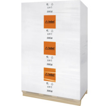 Verpackte Porenbetonsteine auf einer Palette mit Hebel Logo.