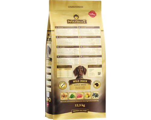 Aliment sec pour chiens Wolfsblut Wild Duck Large Breed en paquet de 12,5 kilogrammes.