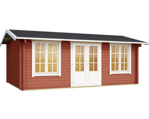 Gartenhaus aus Holz mit Fenstern und Doppeltür