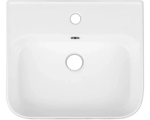 Vue de dessus d''un lavabo en céramique blanche avec trou de robinet et trop-plein