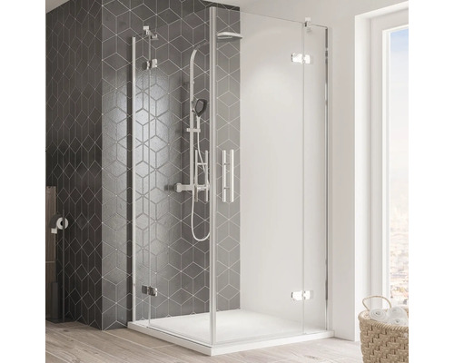 Eckeinstieg Drehtür 4-teilig Breuer Avanta 100x90 cm Dekor Satiniert Profilfarbe chrom Duschkabine mit Glaswänden und Duscharmatur in einem Badezimmer