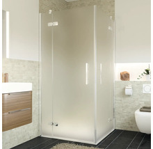Eckdusche mit satiniertem Glas in einem Badezimmer.