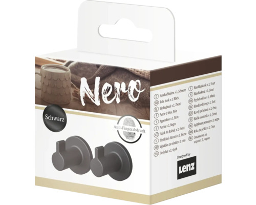 Nero Handtuchhaken, zwei Stück, schwarz, zur Wandmontage