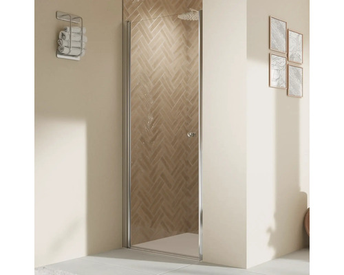 Porte de douche dans niche avec porte pivotante BREUER Elana 2.0 90 x 200 cm couleur du profilé rond chrome décor de vitre verre transparent butée de porte à gauche