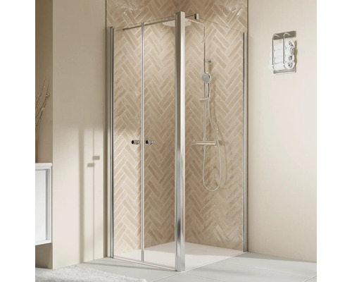 Duschtür für Seitenwand mit Pendeltür BREUER Elana 2.0 90 x 200 cm Profil rund silber Klarglas Reversibel Puffergriff Elegante Duschkabine mit Falttür und Handtuchhalter im Badezimmer.