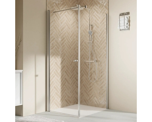 Duschtür für Seitenwand mit Pendeltür BREUER Elana 2.0 100 x 200 cm Profil rund chrom Klarglas Reversibel Puffergriff Duschkabine mit Brausegarnitur und Handtuchhalter im Badezimmer