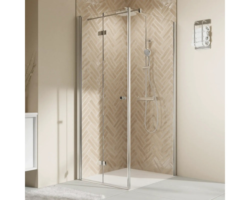 Duschtür für Seitenwand mit Drehfalttür BREUER Elana 2.0 100 x 200 cm Profil rund silber Klarglas Türanschlag links Puffergriff Begehbare Dusche mit Duscharmatur und Handtuchhalter im Badezimmer