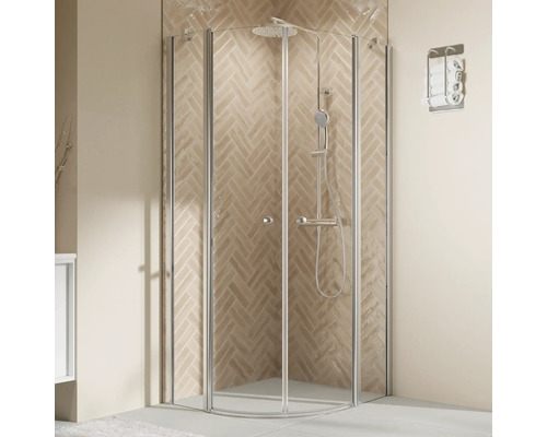 Douche ronde avec porte pivotante avec partie fixe BREUER Elana 2.0 90 x 90 x 200 cm couleur du profilé rond argent décor de vitre verre transparent