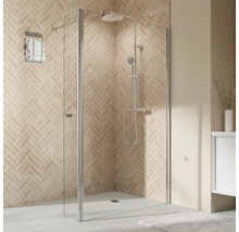 Begehbare Dusche mit Kopfbrause und Handbrause in einem Badezimmer mit Fliesen im Fischgrätenmuster.