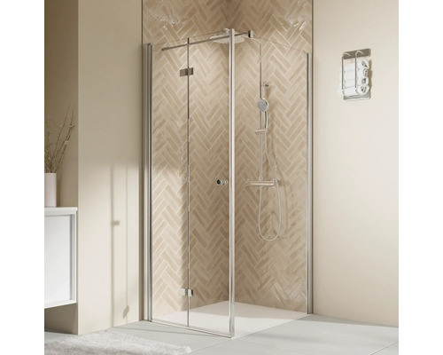 Seitenwand für Duschtür mit BREUER Elana 2.0 90 cm Profil weiss Klarglas Seitenwandanschlag rechts Eckdusche mit Drehtür und Brausegarnitur im Badezimmer