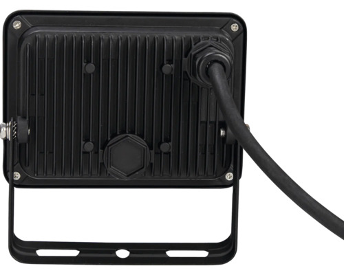 Rückansicht eines LED-Strahlers mit Kühlrippen und Kabel