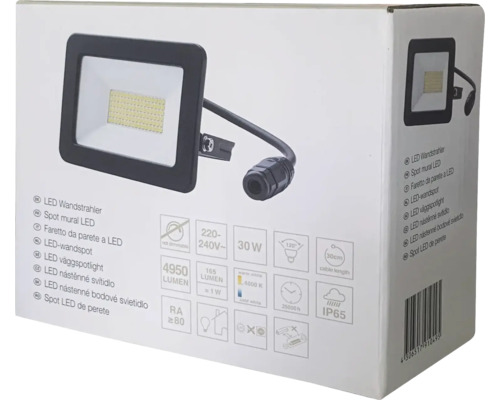 Verpackung eines LED-Wandstrahlers mit technischen Details wie Lumen, Wattzahl und Schutzart